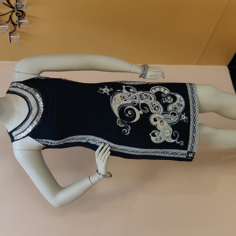 Sandra Darren Sleeveless Black & Beige Knee Length Dress - Picture 2 of 9
